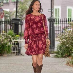 Sundance Red Floral Sheer Smocked Waist Longsleeve Dress Size Petite Small